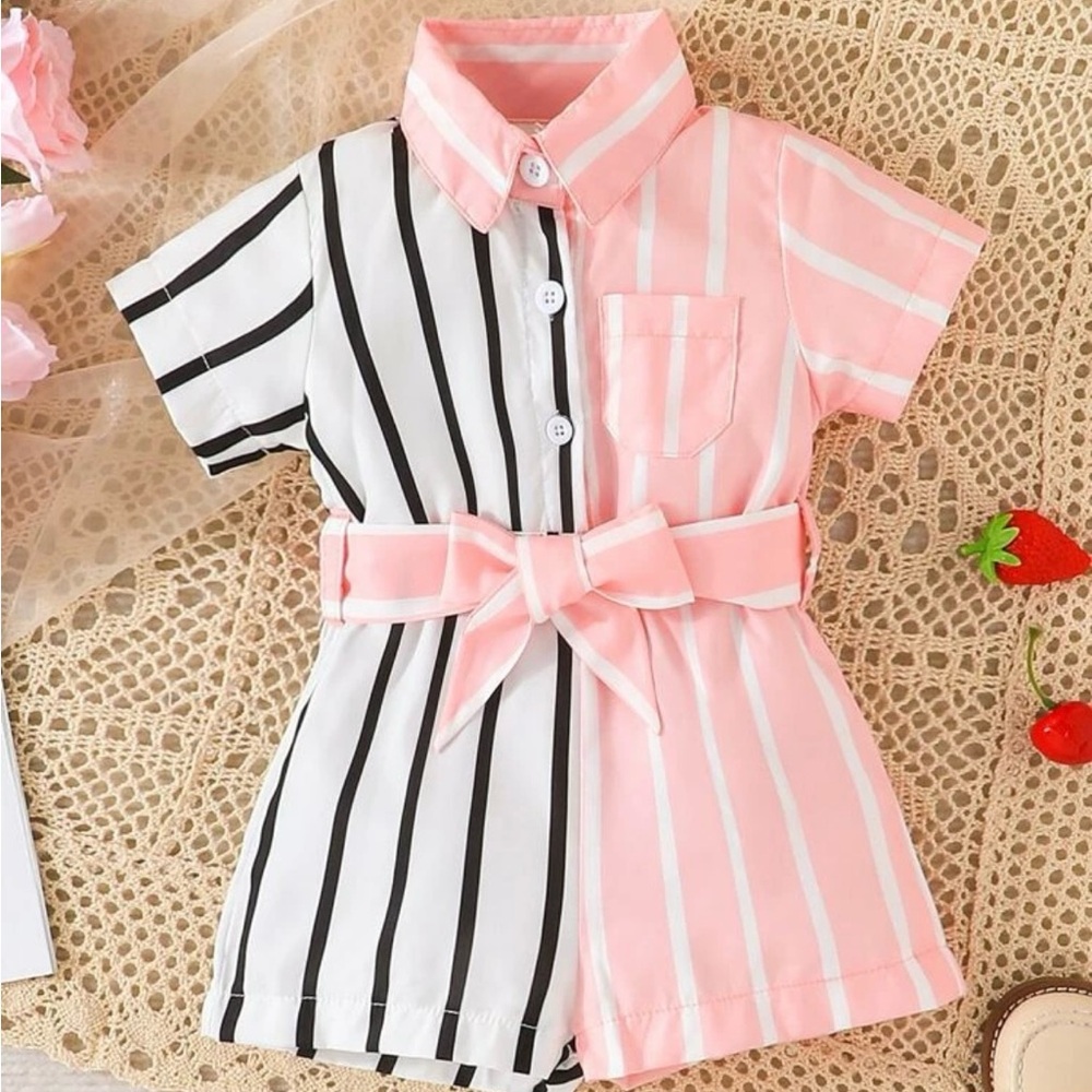 New with tags Baby Girl Striped Print Belted Shirt Romper size 2-3 years